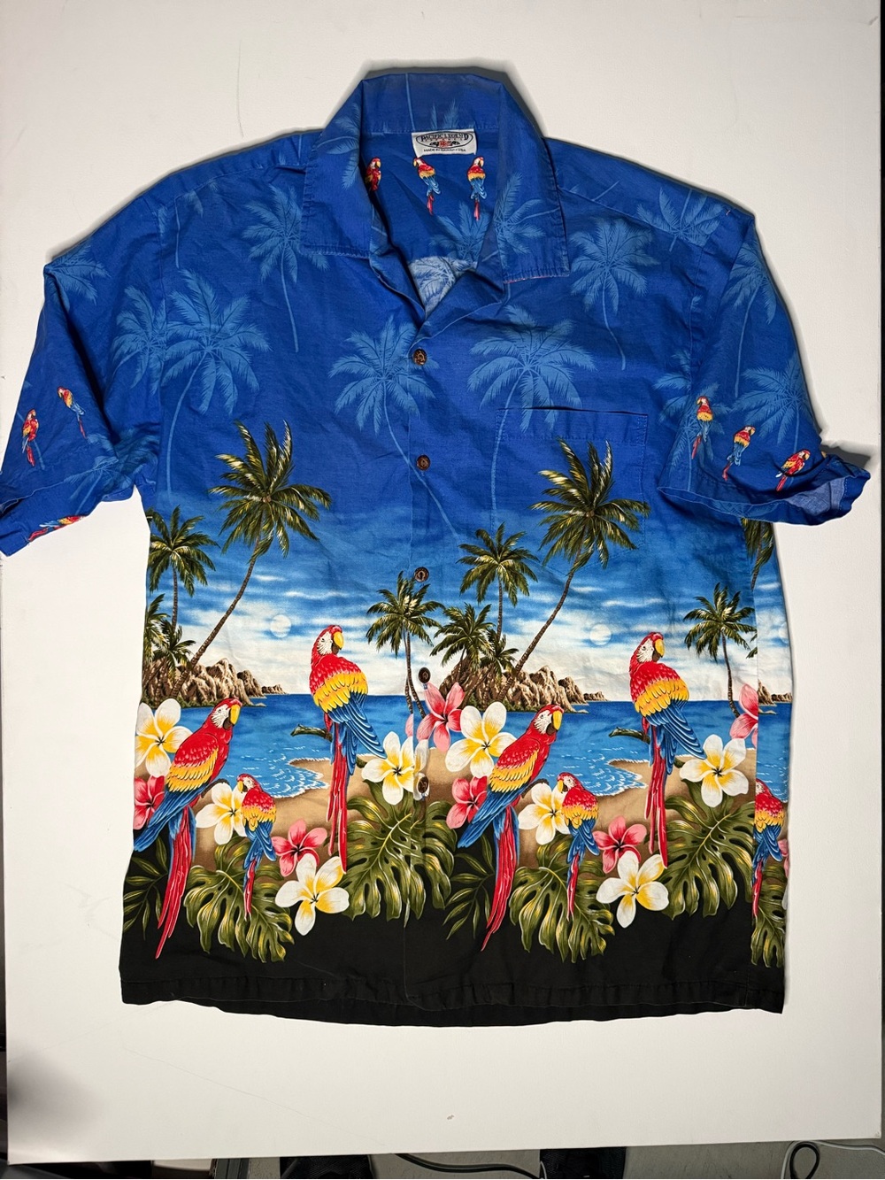 Men's Blue Tropical Parrot Hawaiian Button-Down Shirt XL Pacific Legend Apparel